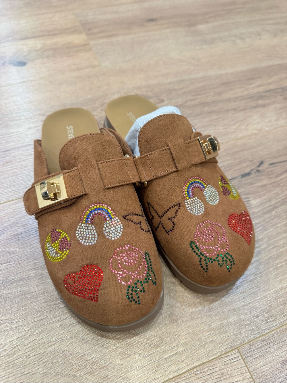 Steve Madden Brown Moccasin Clogs with Colorful Gem Accents